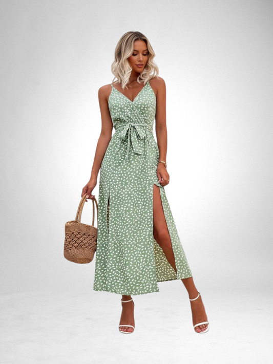 V-neck Suspender Floral Lace-up Long Dress