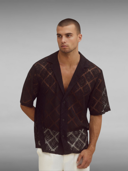 Fashion Mens Clothing Men's Hollow-out Breathable Short-sleeved Lapel Casual Shirt