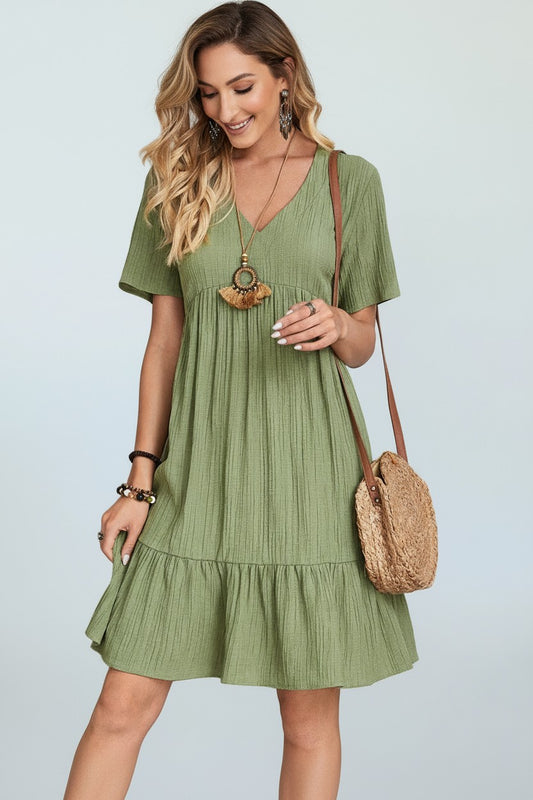 V-neck Short Sleeve Dress Summer Casual Loose Ruffled Dress