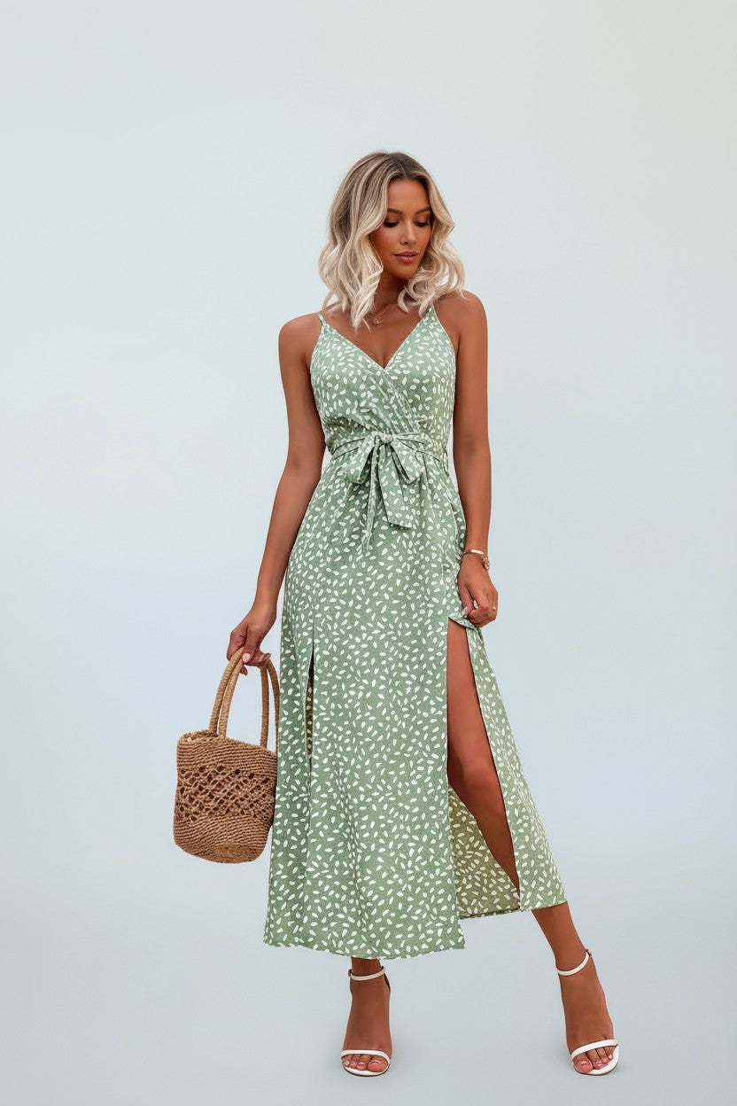 V-neck Suspender Floral Lace-up Long Dress