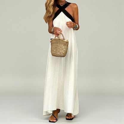 Cotton And Linen Sleeveless Dress Pure Color Halter